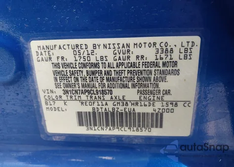 2012 Nissan Versa 1.6 Sv from USA, damaged, VIN 3N1CN7AP9CL918570